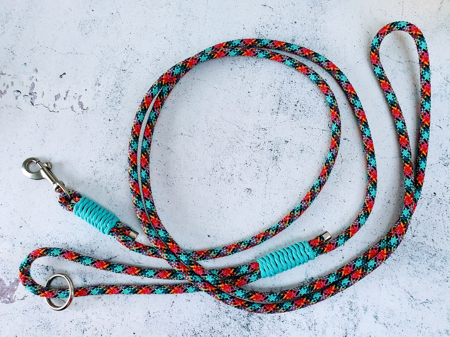 Premium Führleine mit Handschlaufe 8mm Seil mit Edelstahl - Harlekin/Türkis