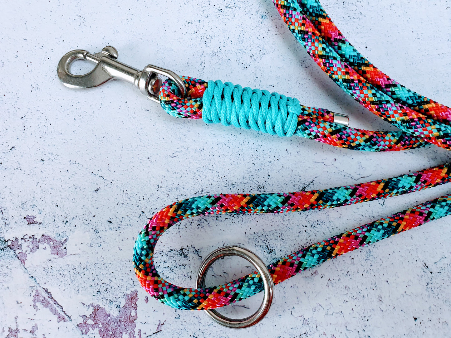 Premium Führleine mit Handschlaufe 8mm Seil mit Edelstahl - Harlekin/Türkis