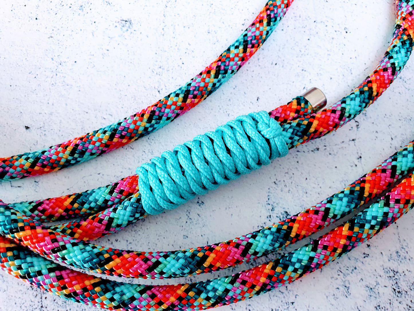 Premium Führleine mit Handschlaufe 8mm Seil mit Edelstahl - Harlekin/Türkis