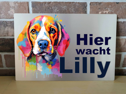 Hier wacht dein Beagle! Personalisiertes Schild für Haus, Garten, Grundstück.