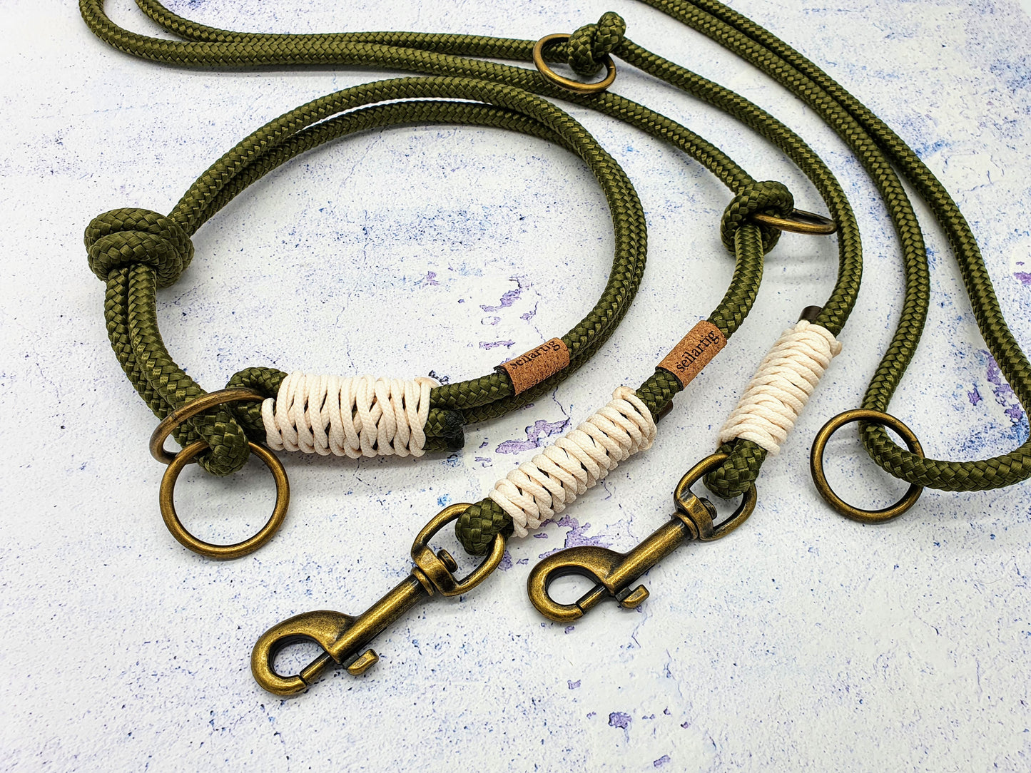 Set aus 6mm Tau: Zugstopphalsband und Leine mit 2 Karabinern - Olive/Creme/Altmessing