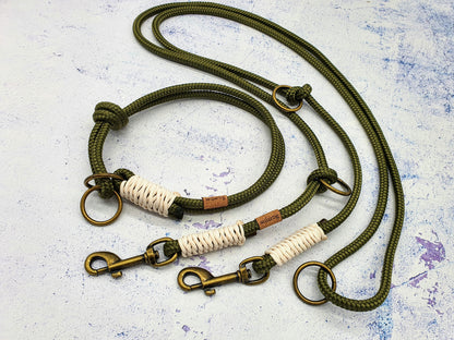 Set aus 6mm Tau: Zugstopphalsband und Leine mit 2 Karabinern - Olive/Creme/Altmessing